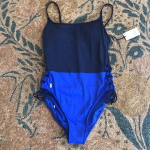 Polo 1 pc swim colorblock laced sides blue M NWT